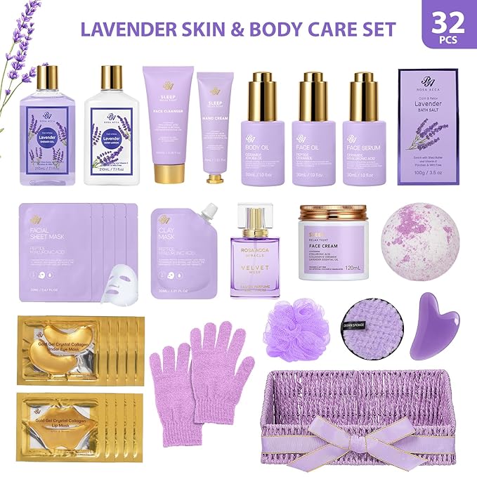 Mothers Day Gifts Basket for Mom, 32 Pcs Lavender Bath and Body Gift Basket Set for Women, Hydrating Facial Skin Care Set, Home Spa Self-Care Basket Set, Birthday, Anniversary, Wife