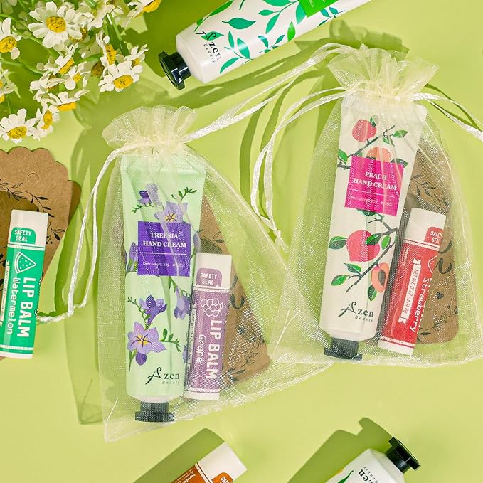 AZEN 120 Sets Bulk Gifts, Hand Cream and Lip Balm Bulk Set with Organza Bag Thank You Card, Baby Shower Wedding Gift for Guests, Bridal Wedding Favors for Guests, Mothers Day Gifts Stocking Stuffers