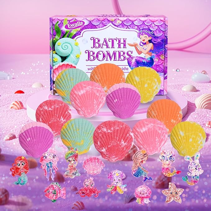Bath Bombs for Kids with Surprise Toys Inside, 12 Pcs Kids Bath Bombs Gifts for Birthday Christmas Easter Party Favor, Handmade Shell Bubble Bath Kit with Mermaid Toys for 4 5 6 7 8 Year Old Girls