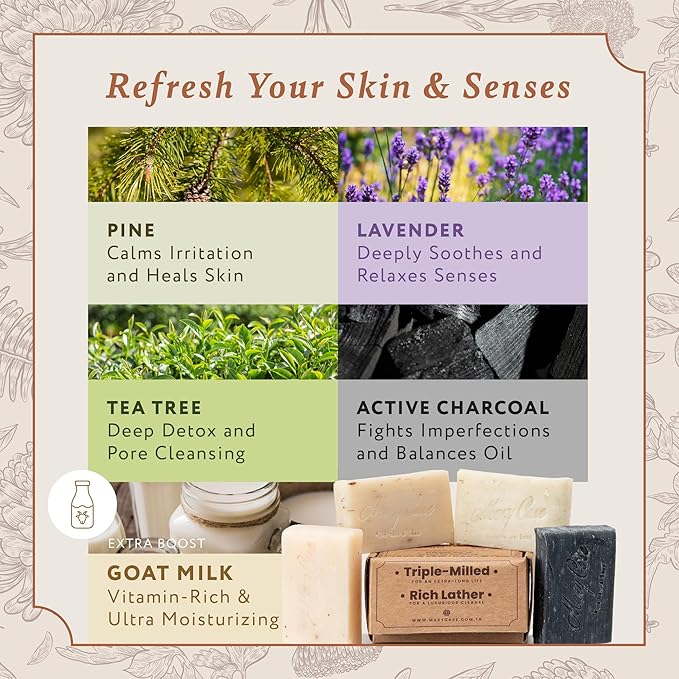 Mary Case Goat Milk Variety Bar Soap Set of 4 | Lavender, Pine Tar, Tea Tree & Charcoal Natural Soaps with Olive & Coconut Oils | Bath Soap for Men & Women | Hydrating, Purifying & Nourishing Skin
