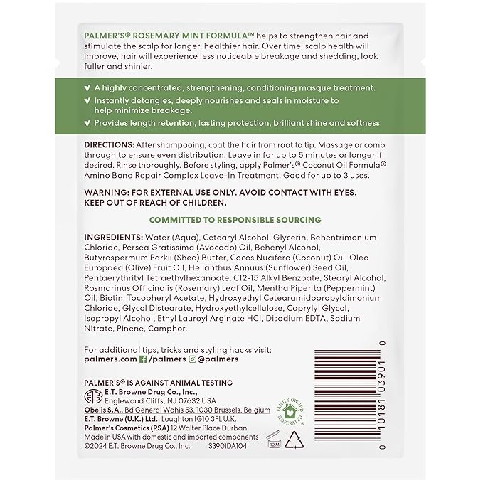 Palmer's Hair Mask, Rosemary Mint Strengthening Pack, 2.1 oz, Promotes Stronger, Longer Hair Growth, Nourishing, Hydrating & Protecting Treatment for Anti-Breakage & Softness, Adds Shine