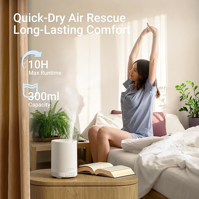 ASAKUKI Essential Oil Diffuser for Home, 300 ml Humidifier with Automatic Shut-Off, Quiet Aromatherapy Diffuser with 7 LED Lights for Living Room, Kitchen, Bedroom, Hotel, Gift for Mom - Pure White