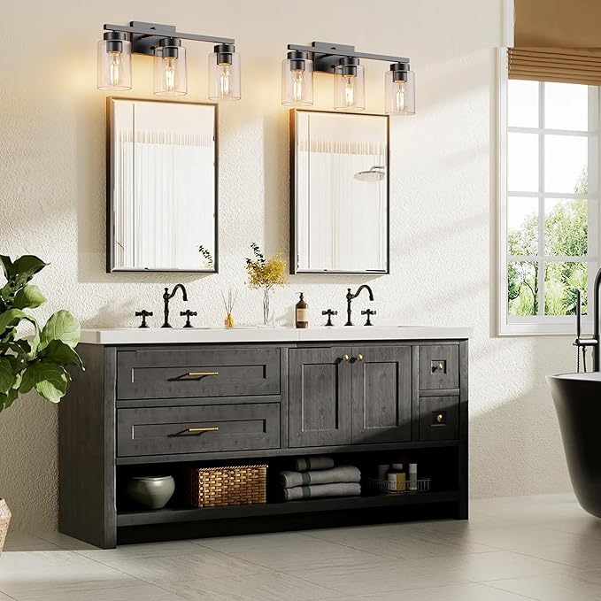 PARTPHONER 3-Light Bathroom Light Fixtures, Matte Black Vanity Light with Clear Glass Shade, Modern Wall Sconce for Mirror Bedroom Living Room Hallway Lighting