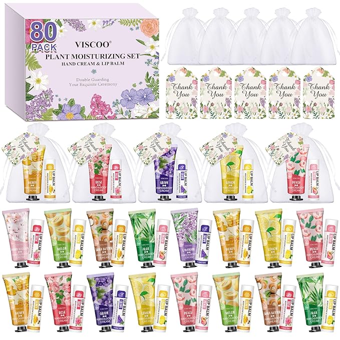 VISCOO 80 Sets Hand Cream and Lip Balm Bulk Set, Mothers Day Gifts, Teacher Appreciation Gifts, Nurses Week Gift, Wedding Favors for Guests with Thank You Card Organza Bags, Birthday Gift for Women