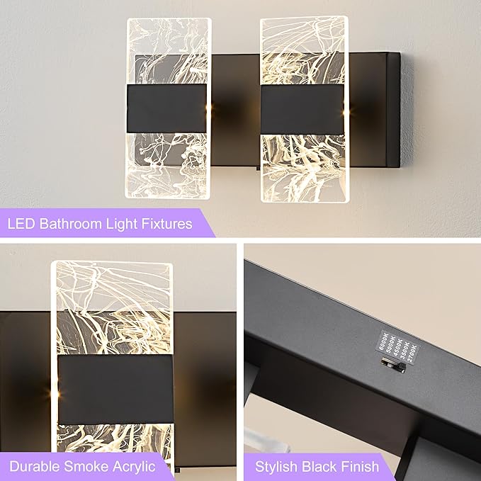 Modern LED Bathroom Light Fixtures Dimmable 2-Light Black Vanity Light, 5CCT Adjustable Lighting Fixture Vanity Lights Over Mirror, Smoked Acrylic LED Vanity Lights for Bathroom