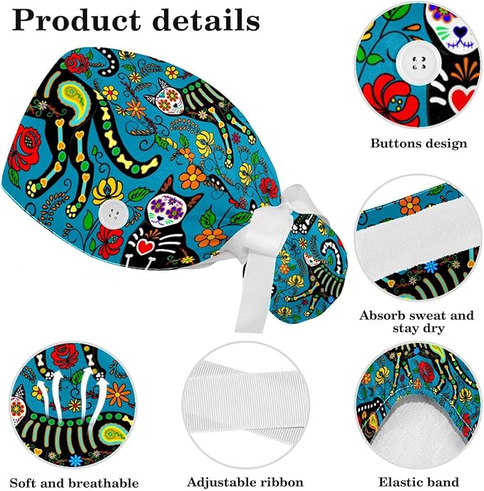 Ethnic Aztec Pattern Adjustable Scrub Cap Hat with Button, Working Hat Sweatband with Bow Hair Scrunchy for Woman