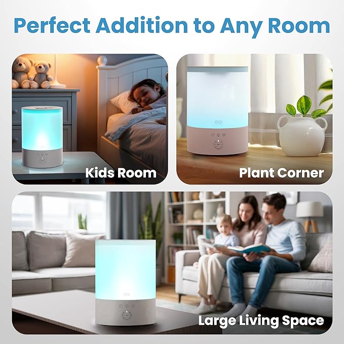 Everlasting Comfort 2.5L Top Fill Humidifier for Bedroom – Quiet, Easy to Fill & Clean, 24HR Runtime, Night Lights, Timer, Ultrasonic Cool Mist, Auto Shut-Off, Essential Oil Diffuser - White