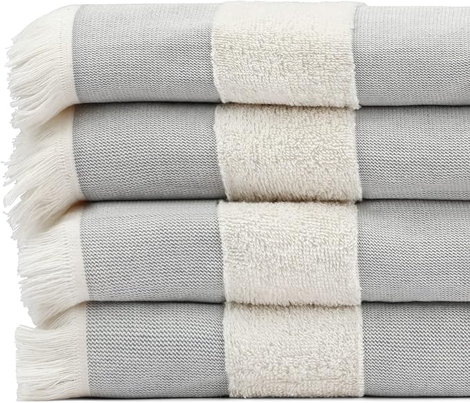 Lightweight Turkish Beach Towel - 100% BCI Cotton, Unbleached Raw Fringe, Oeko-TEX Certified, Absorbent, Eco-Friendly, 36x66”, Gray & Natural Stripes, Portable Sarong Blanket for Pool, Travel