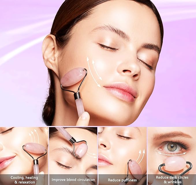 Mina Heal Jade Roller for Face, Lymphatic Drainage Massager & Gua Sha Facial Tool, Face Roller Skin Care Lymphatic Drainage Facial Massager