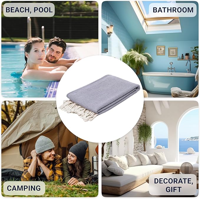 ATANI 69x35 in Oversized Turkish Beach Towel Set with Tote Bag – Quick-Dry 100% Turkish Cotton Peshtemal, Sand-Resistant, Lightweight for Shower, Travel, Pool, Yoga (Grey)