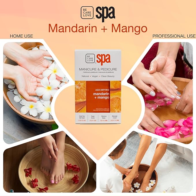 BCL Spa Mandarin + Mango Professional Pedicure Kit Foot Spa Set – Exfoliate, Hydrate & Refresh Skin | Dead Sea Salt Soak, Sugar Scrub, Moisture Mask & Massage Cream | Professional & Home Uses