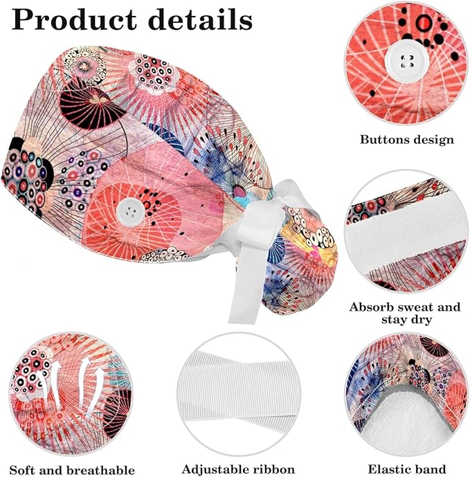 Women Working Cap with Buttons Bouffant Hat Autumn Leaves Nurse Scrub Caps Long Hair