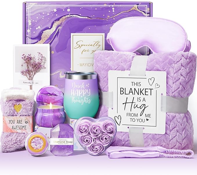 Mothers Day Birthday Gifts for Women Self Care Get Well Soon Gifts, Lavender Relaxing Spa Gift Basket Thinking of You Care Package w/Flannel Blanket, Unique Gift for Mom Her Wife Grandma Friend Sister