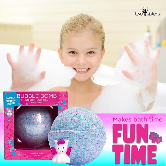 Unicorn Bath Bomb for Girls with Surprise Squishy Toys Inside by Two Sister - Large Bubble Bombs for Kids - Moisturizes Dry Sensitive Skin, Releases Color, Scent, Bubbles - Ideal Gift by Two Sisters