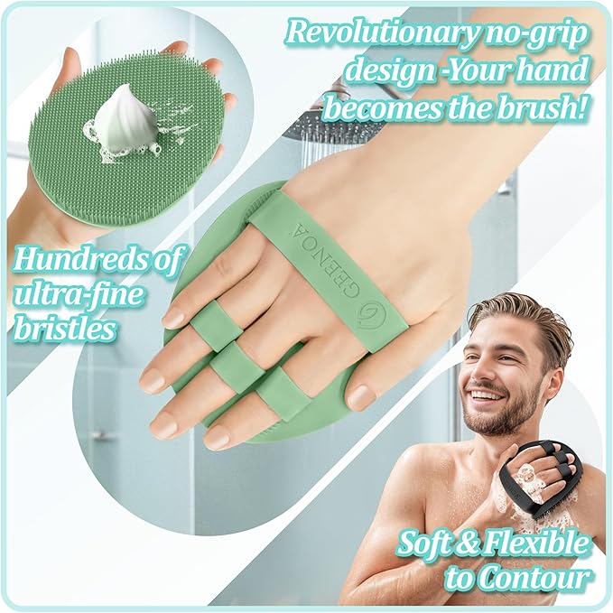 Silicone Back & Face Scrubber & Bath Glove Set 3PCS, 13.4'' Gentle Back Scrubber with Dual-Side Head, 360° Anti-Slip Bath Glove, Unique Side-bristled Face Scrubber for All-round Cleaning(Green)