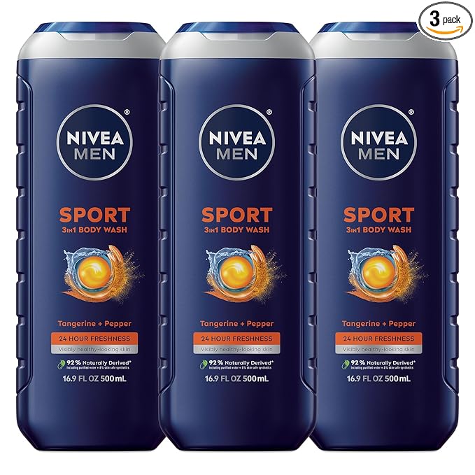 NIVEA MEN Sport Body Wash with Revitalizing Minerals, Tangerine and Pepper Scent, 3-in-1 Men's Body Wash, Face and Hair, Paraben Free, Vegan Formula, 16.9 Fl Oz Bottle, Pack of 3
