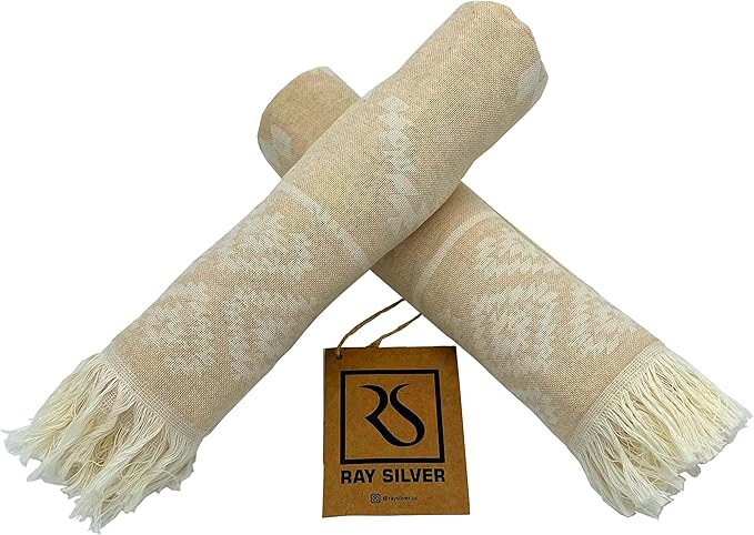 RAY SILVER Aztec Turkish Hand Towels Set of 2 100% Cotton Peshtemal Soft Feel 18 x 36 Light Weight Travel Camping Bath Sauna Beach Gym Pool Blanket Quick Dry Oversized Towel (Nude, Hand Towel)