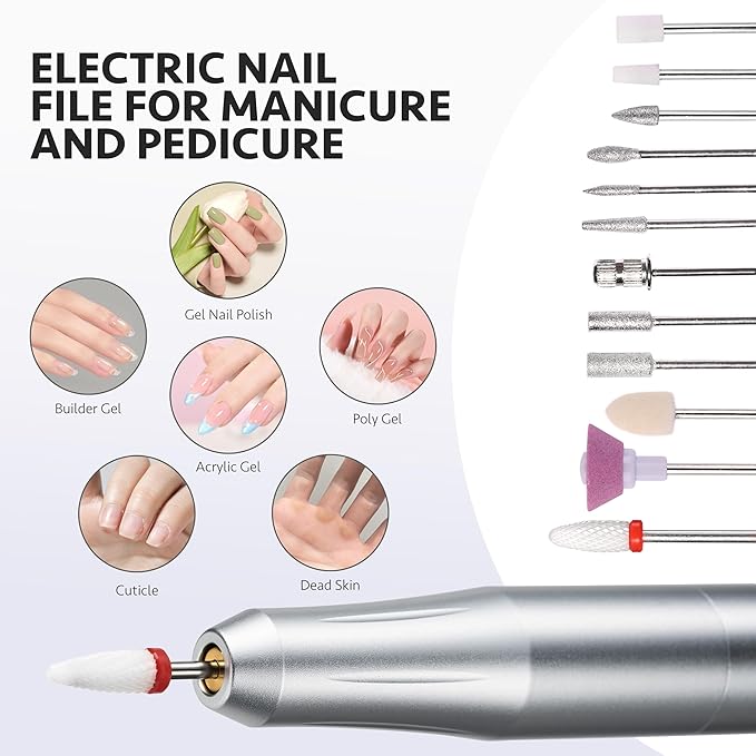 GAOY Electric Nail Drill, USB Electric Nail File for Acrylic and Gel, Portable Efile with Drill Bits, Manicure Pedicure Tools for Home Salon, Silver, Aluminum Lightweight