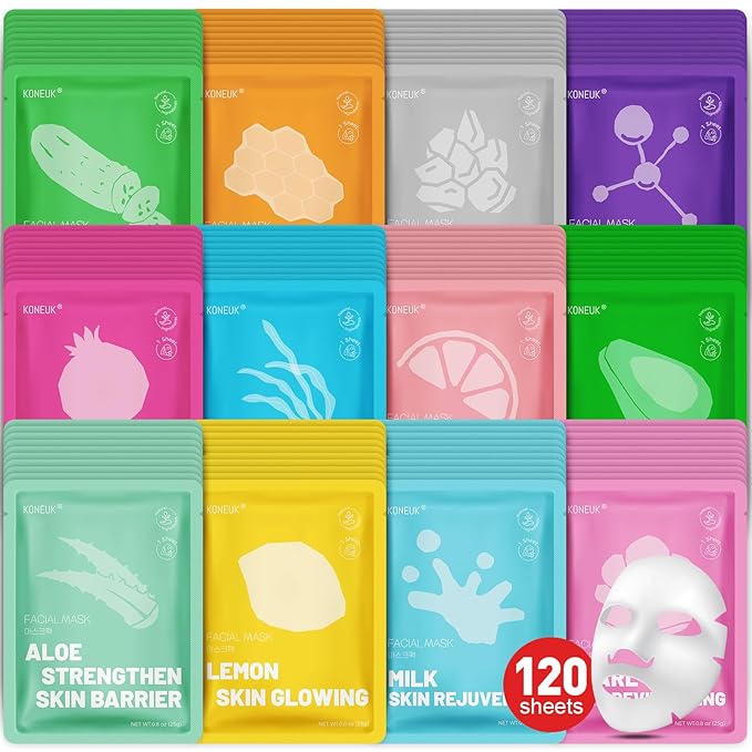 KONEUK 120 Pack Collagen Essence Sheet Face Masks Skincare, Moisturizing & Hydrating Face Mask for Skin Care, Bulk Face Masks for All Skin Types, Spa Party Gifts for Women (12 Types x 10 Pcs)