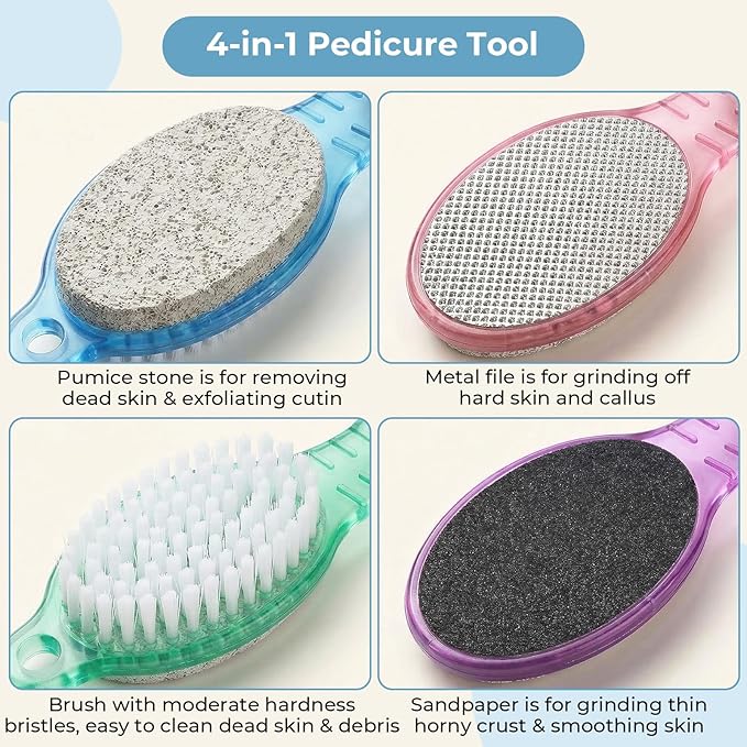4PCS Foot Scrub Brush, 4 in 1 Foot Scrubber Brush for Shower with Pumice Stone Foot Rasp & Sandpaper, Multi Purpose Pedicure Brush for Feet