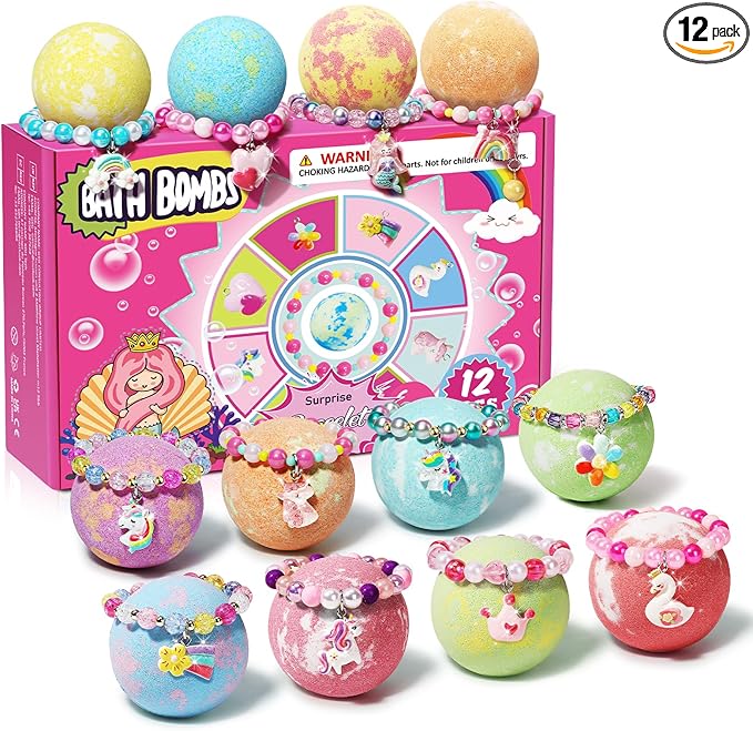 Unicorn Bath Bombs for Kids Girls with Bracelet Inside, 12pcs sanyi Easter Basket Stuffers Bubble Bath Toys Birthday Gifts for 4 5 6 7 8 Year Old Girl