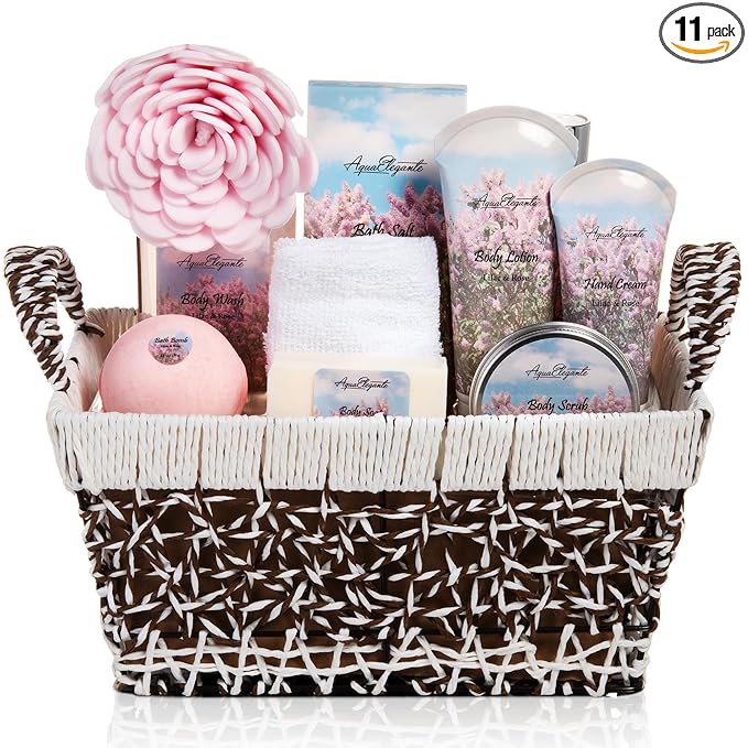 Spa Baskets For Women - Luxury Bath Set With Lilac & Rose Oil - Spa Kit Includes Wash, Bubble Bath, Lotion, Bath Salts, Body Scrub, Hand Cream, Shower Puff, Bathbombs, Soap and Towel