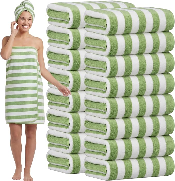 SmoothNovelty 16 Pack Microfiber Bath Towels Bulk 27'' x 60'' Oversized Size Bath Towel Highly Absorbent Extra Large Soft Drying for Beach Shower Summer Salon Sport Gym Party (Stripe,Green)