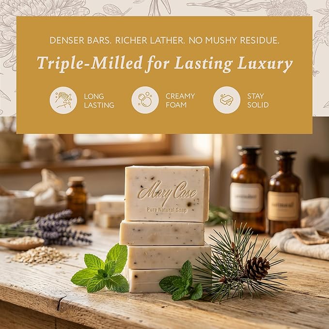 Mary Case Goat Milk & Pine Tar Bar Soap Set of 4 | Natural Soap with Olive, Coconut & Pine Oils + Dried Pine Leaves | Bath Soap for Men & Women | Sensitive Skin,