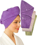 Textila 100% Cotton Hair Wrap Towels for Women (Pack of 3, Plum, Pink & Green) – Soft & Absorbent Turban Towels for Long, Curly, Frizz-Prone Hair
