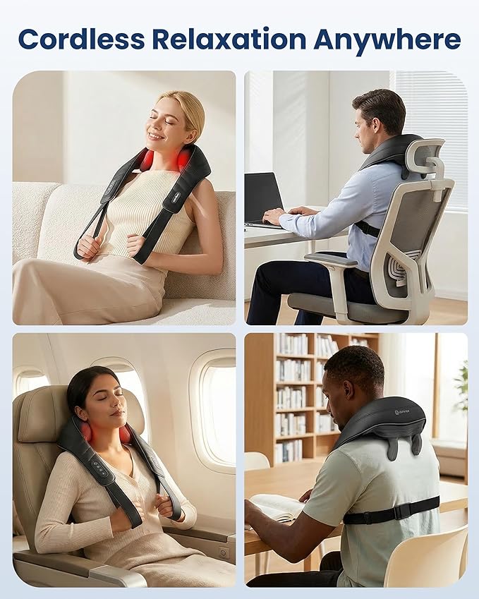COMFIER Hands-Free Neck and Shoulder Massager with Heat, Cordless 4D Deep Tissue Kneading Back Massager, Rechargeable Shiatsu Massage for Pain Relief, Home, Office & Housework