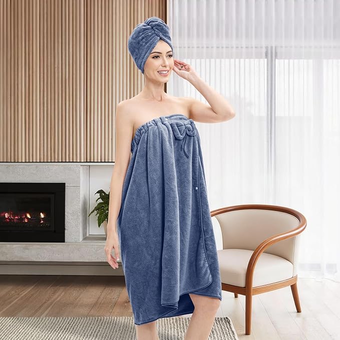 Bath Wrap Towels for Women – Adjustable Spa Shower Wrap with Super Absorbent Microfiber, Quick-Dry Body & Hair Towel Set for Home, Hotel, Beach, Pool, Gym, Travel – Blue