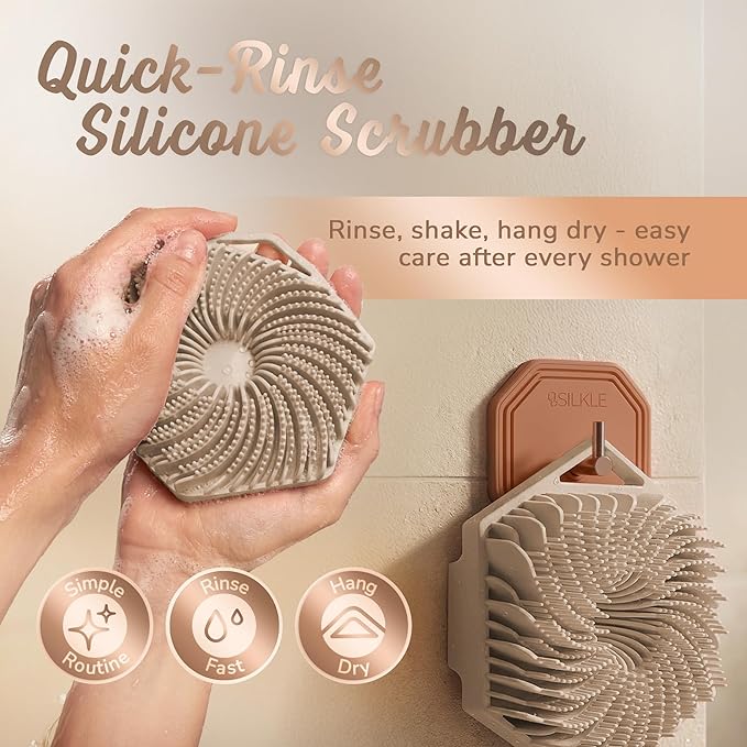 SILKLE Silicone Body Scrubber – Gentle Exfoliating Shower Scrubber for Body & Bath, Silicone Shower Brush & Loofah Alternative – Non-Slip Silicone Body Brush, Quick Dry, Hygienic - Clay