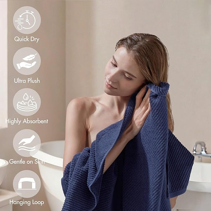 Madison Park 4-Piece Bath Towel Set for Bathroom 30" x 56" Large Diagonal Ribbed, Navy - 100% Cotton Soft Quick Dry & Absorbent Gift | Zero Twist, 500 GSM, Oeko-TEX, Hotel Quality