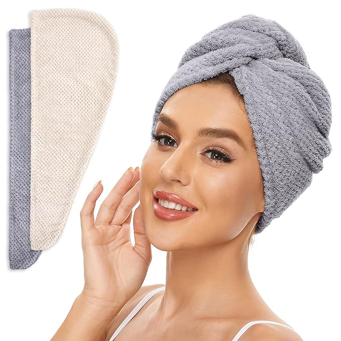 SimpleField 2 Pack Microfiber Hair Towel Wrap for Women, Anti Frizz Quick Drying Hair Turban for All Hair Style, Absorbent and Lightweight (Beige + Grey)