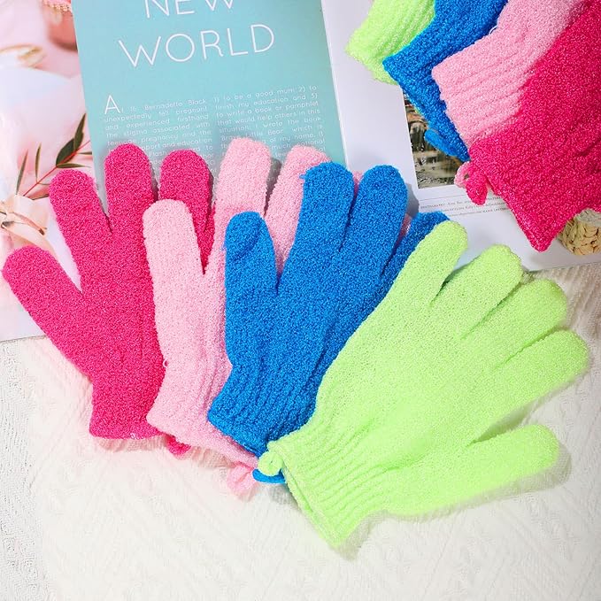 4 Pairs Bath Exfoliating Gloves Scrub, Double Sided Bath Mitts Scrubs for Shower, Exfoliating Shower Mitt Body Scrubber Glove, Bathing Accessories for Bath, Spa (Rose, Glass Green, Pink, Blue)
