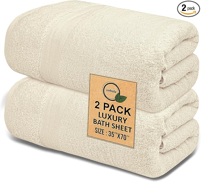 Softolle 100% Cotton Luxury Bath Sheets - Pack of 2 (35" x 70") | Super Soft, Quick-Dry & Highly Absorbent Towels for Bathroom, Home, Spa & Gym (Cream)