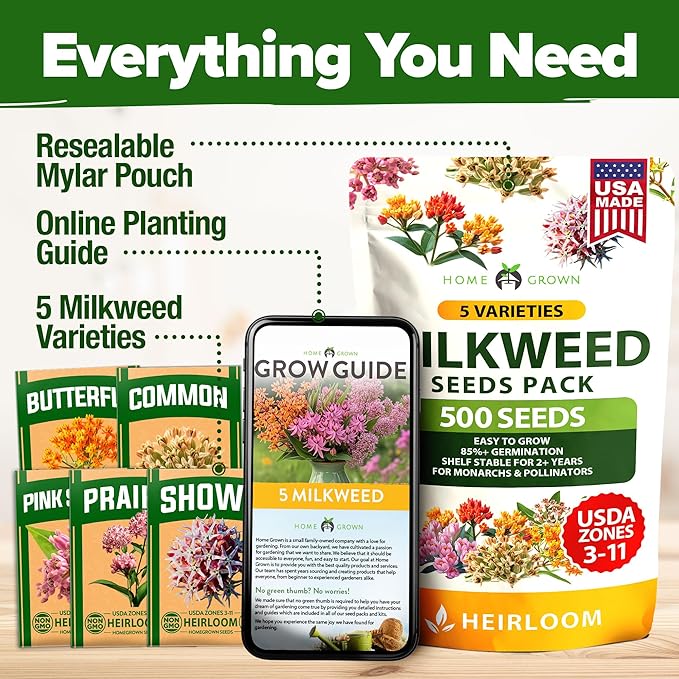 HOME GROWN Milkweed Flower Seeds - 500+ Heirloom Perennial Wildflower Seeds (5 Individual Varieties) Supports Monarch Habitat, Grows in Zones 3-11 (Asclepias syriaca)