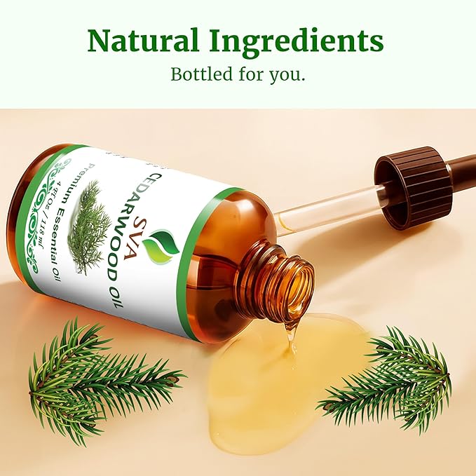 SVA Cedarwood Essential Oil – 4 Fl Oz – 100% Natural Cedar Juniperus Mexicana Oil - for Diffuser, Hair Care, Face, Skin Care, Aromatherapy, Scalp and Body Massage, Soap and Candles – with Dropper