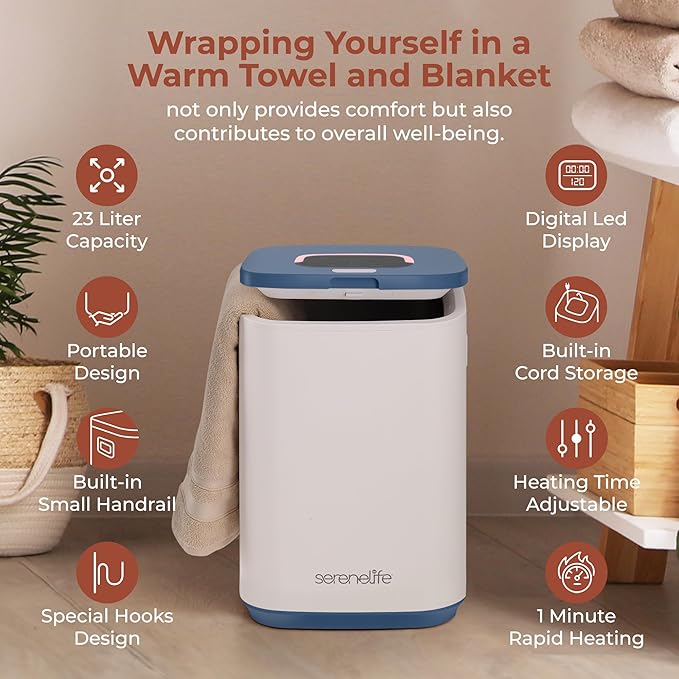 SereneLife Towel Warmer Bucket - Compact 23L Bathroom Towel Heater w/Essential Oils Disc Holder, Adjustable Timer, Auto Shut-Off, Power Cord Storage & LED Display, Fits 2 Oversized Towels (Blue)