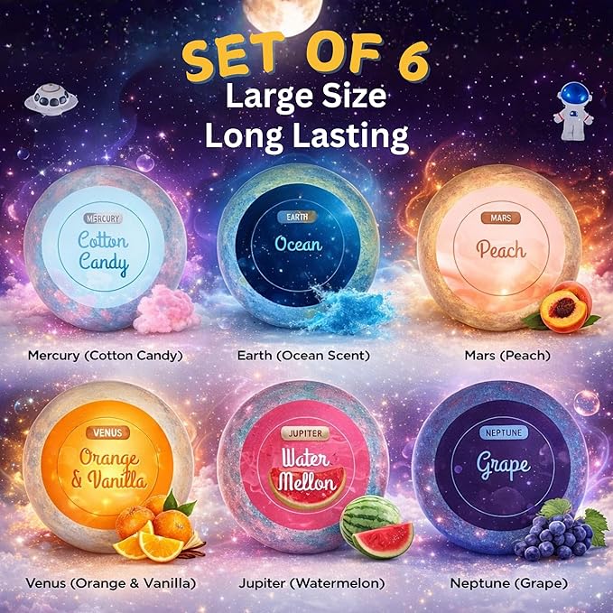 EvolutionUSA 6 Space Bath Bombs for Boys & Girls - Planet Bath Bombs Toy Inside, Organic Childrens Bathbomb Set, Cosmic Bath Fizzers, Kid Bath Bomb Gift for Valentines, Birthday, Christmas, Easter