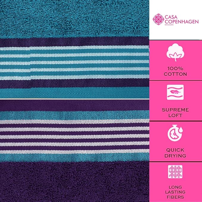 CASA COPENHAGEN He & She 6 Pieces Towel Set- Violet Indigo + Blue Green, 550 GSM 2 Bath Towel 2 Hand Towel 2 Washcloth, Designed in Denmark Made of Soft Egyptian Cotton for Bathroom, Kitchen & Shower