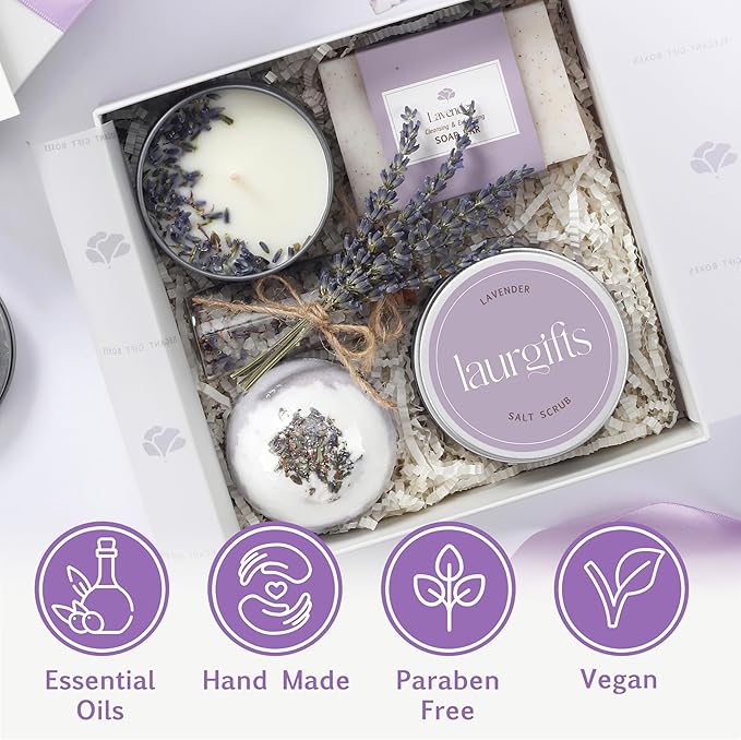 Mothers Day Gifts for Mom – Lavender Spa Gift Box, Small Candle Set with Bath Gifts, Relaxing Self Care Basket, Birthday Gift for Women