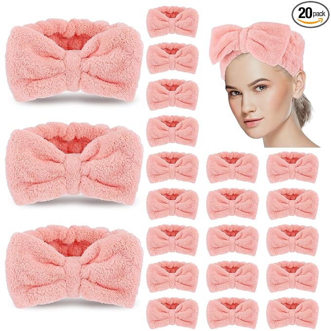 Yunlly 20 Pcs Spa Headband for Women 4 Inches Width Facial Makeup Hair Band Bulk Skincare Headbands for Washing Face Bowtie Slumber Party Supplies Fluffy Head Wraps(Pink)