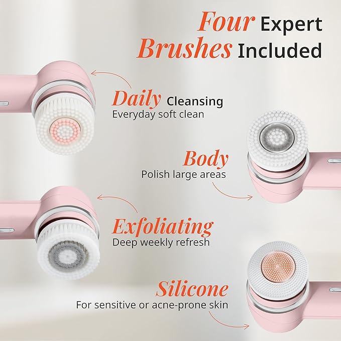Raedia 2.0 Handheld Facial Cleansing Brush with 4 Interchangeable Brush Heads by Vanity Planet - Lightweight Daily Cleansing Brush for Glowing Skin - Water Resistant Face Exfoliator - Pink