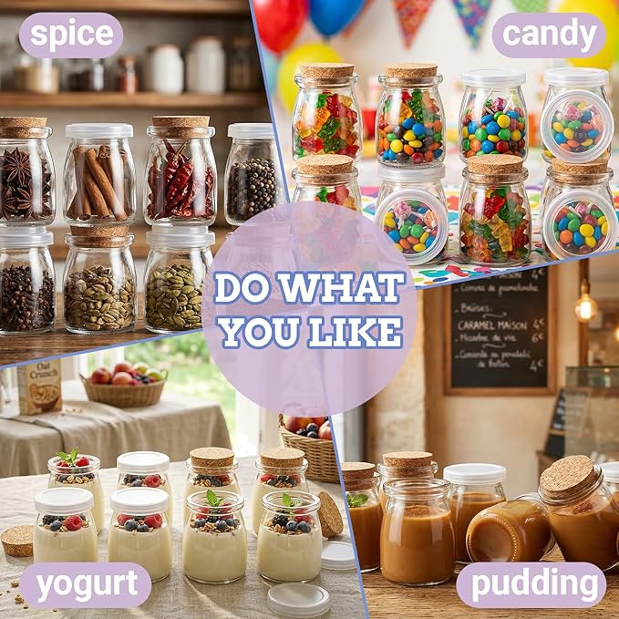BIGIVACA 30 Pack 7oz Glass Jars with Cork Lids & PE Lids, Yogurt & Candle Jars for Making Candles, Small Mason Jars for Spices, Candy, Bath Salts, Wedding, Party & Baby Shower Favors