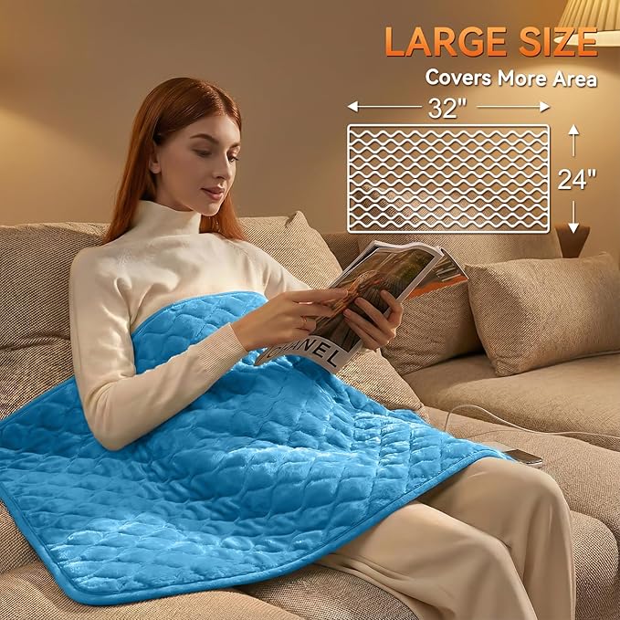 King Size Electric Heating Pad for Back Pain 32"x24" Extra Large Heating Pad for Period Cramps Relief & Body Neck Shoulder Auto Shut Off Heat Pad Temperature Settings Machine Washable Blue