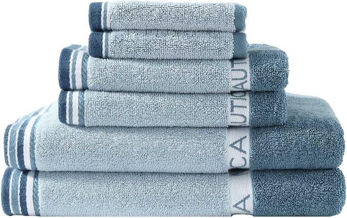 Nautica - Bath Towels, 100% Soft & Absorbent Plush Cotton Towels with Yarn Dye Loops, Medium Weight Bathroom Towels (Belle Castle Blue, 6 Piece)