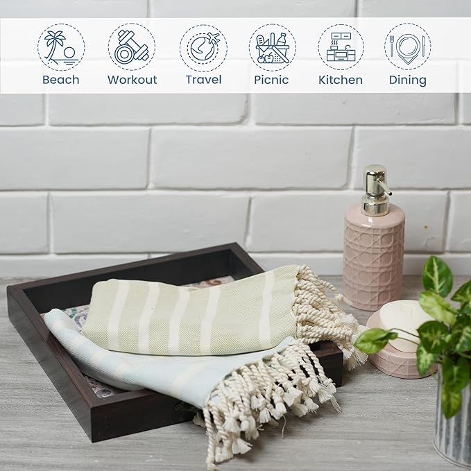 The Fine Living Co. Turkish Towels - Set of 2, 100% Cotton - Kitchen & Bathroom Towels | Decorative Face & Hair Towels for Guests, Tea & Dishcloth - 40'x18' (Green & Blue)
