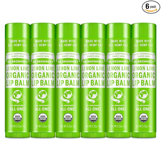 Dr. Bronner’s Organic Lip Balm 6-Pack (.15oz) Natural, Moisturizinging, Petroleum-Free Lip Balm with Beeswax & Avocado Oil for Dry Lips, Men & Women - Lemon Lime