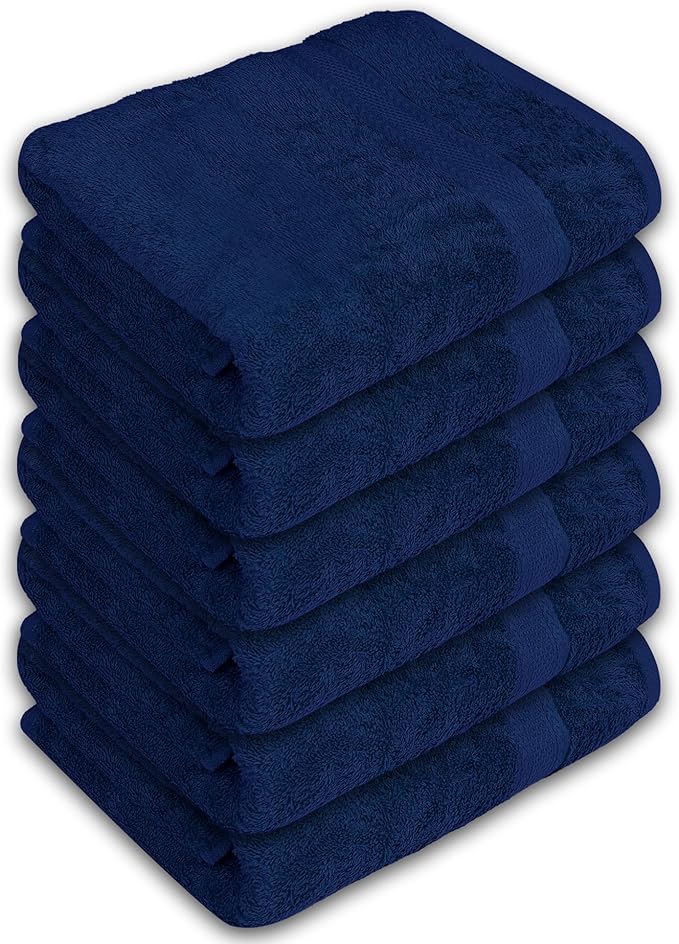 Large Bath Towels Pack of 6 – 24" x 50", 100% Cotton Terry – Soft, Quick-Dry & Highly Absorbent – Navy Blue Towels for Bathroom, Spa, Shower, Pool & Daily Use